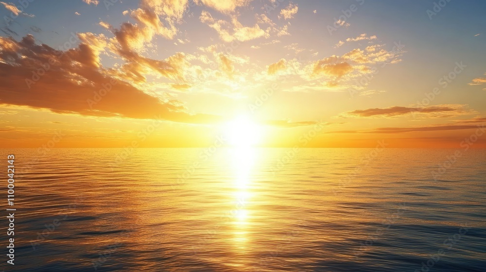 Obraz premium Majestic Sunset Over Calm Ocean Waters Illuminating the Sky with Warm Hues and Gentle Waves Creating a Serene Natural Landscape