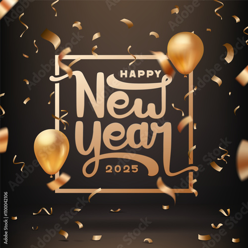 happy new year 2025 unique and creative text calligraphy design with golden balloons and confetti on black background