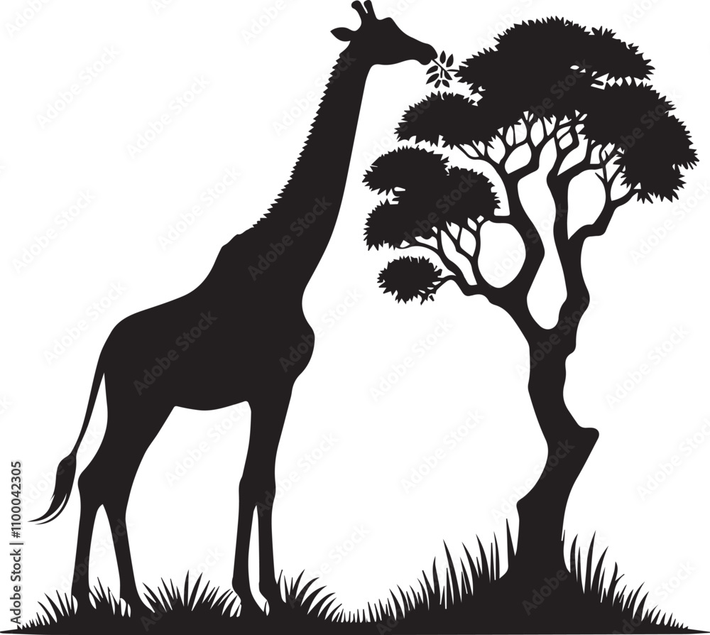 Fototapeta premium Giraffe leaning against a tall tree eating leaves