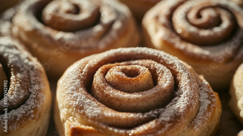 A close-up of cinnamon rolls, freshly baked and dusted with sugar on top. The rolls have an elegant spiral shape that resembles the flower-like appearance of chrysanthemums. They rest atop a wooden su