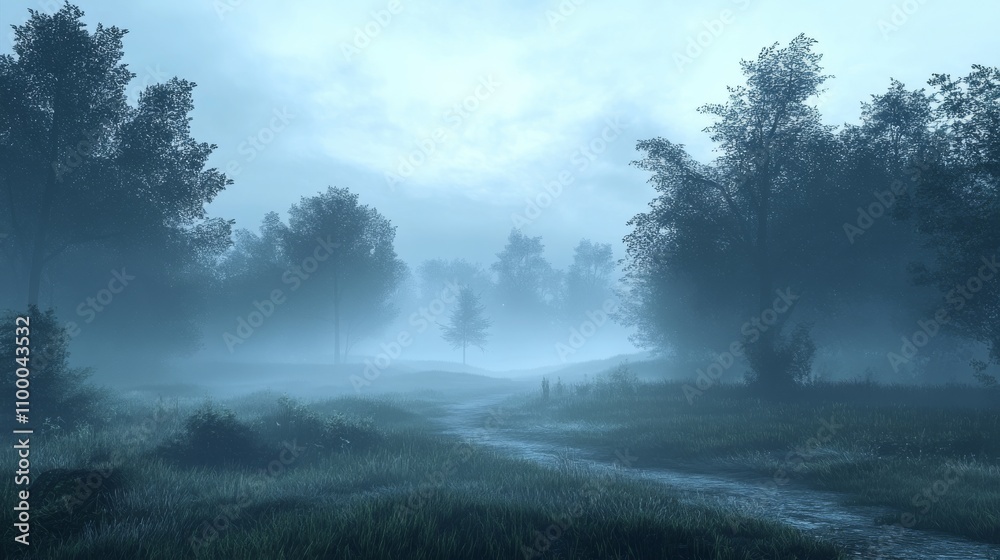 Fototapeta premium Misty River Path Through A Foggy Forest