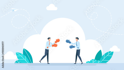 Two businessmen facing off as boxers, symbolizing competition, rivalry. Boxing with Red and Blue gloves. Competition concept. Conflict, competitive strategy, and power struggles. Vector illustration