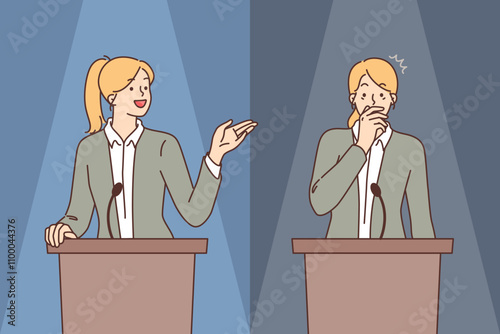 Glossophobia and fear of public speaking is demonstrated by women standing behind podium