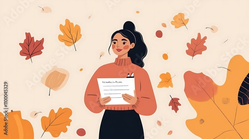 A woman presenting an annual review report with subtle Thanksgiving elements like autumn leaves and gourds photo