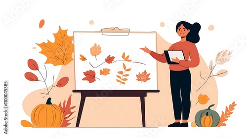 A woman presenting an annual review report with subtle Thanksgiving elements like autumn leaves and gourds photo