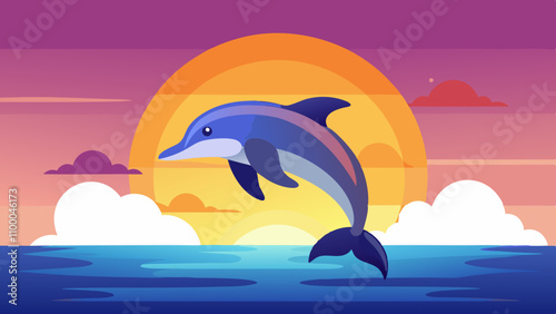 A dolphin is jumping out of the water in front of a sunset