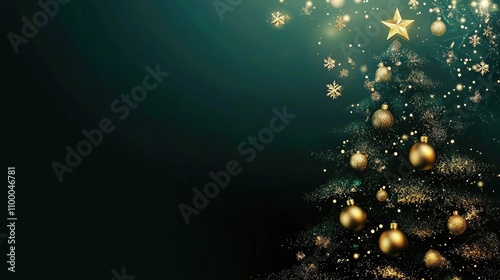 legant Golden Christmas Tree Decorations on Dark Green Background with Copy Space, Perfect for Wide Banner Web Design and Social Media Posts, Festive Holiday Season Theme