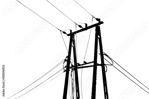 Black and white utility pole silhouette. Isolated graphics of electric power lines and post.