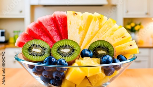 Breakfast ideas at home, fresh fruit salad with watermelon, kiwi, pineapple, and blueberries in glass bowl, AI Generation photo