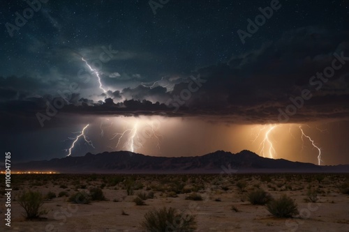 Desert Storm at night with lightings photo