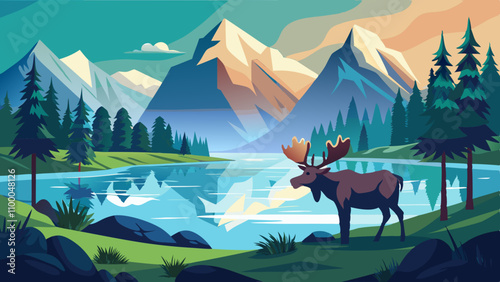 A large moose stands in front of a mountain range and a lake
