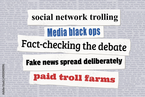 Fake news, online trolling and fact checking - modern media discourse issues. News headlines from newspapers.