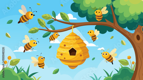 A group of bees are flying around a yellow beehive