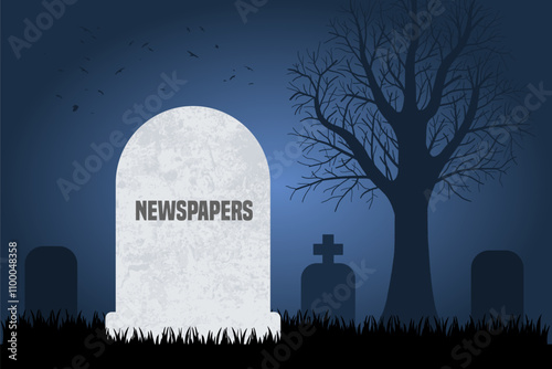 Newspapers are dead. Grave concept of decline in obsolete paper newspapers and magazines.