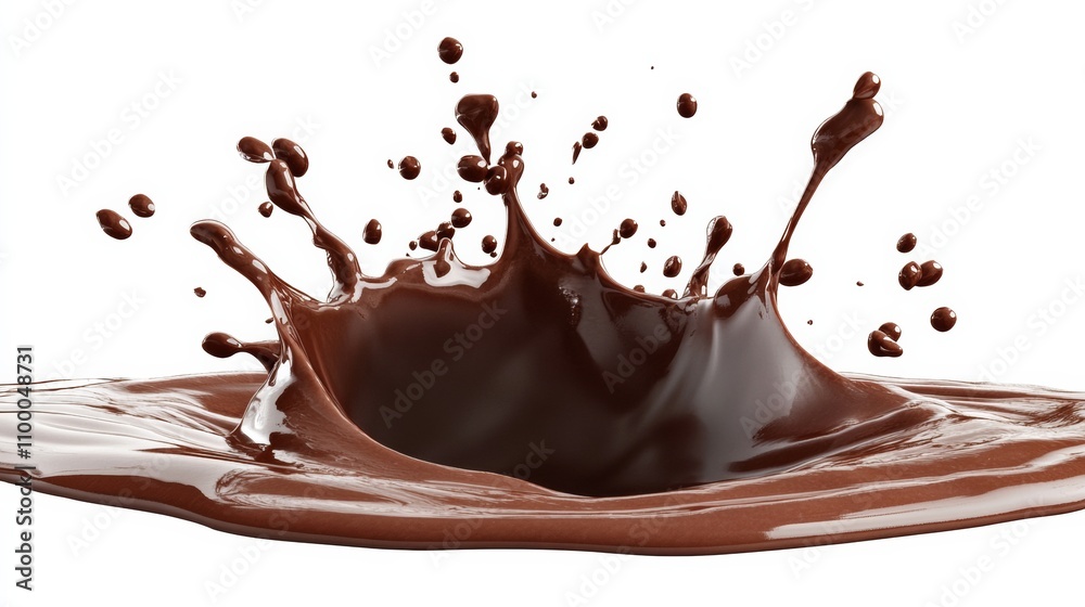 Fototapeta premium Chocolate splash in mid-air with drops on white background