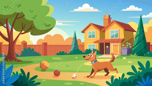 A cartoon dog is playing with a ball in a yard