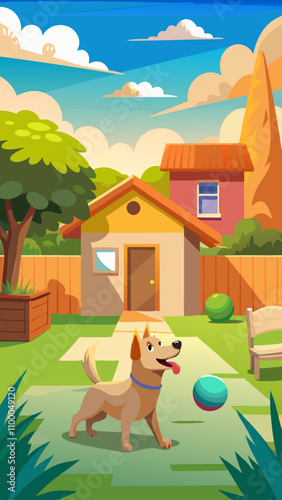 A cartoon dog is playing with a ball in a yard