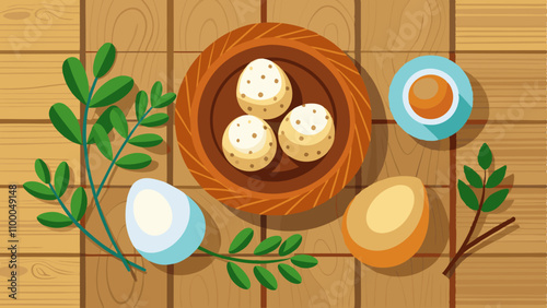 A plate of food with three eggs and a cup of coffee
