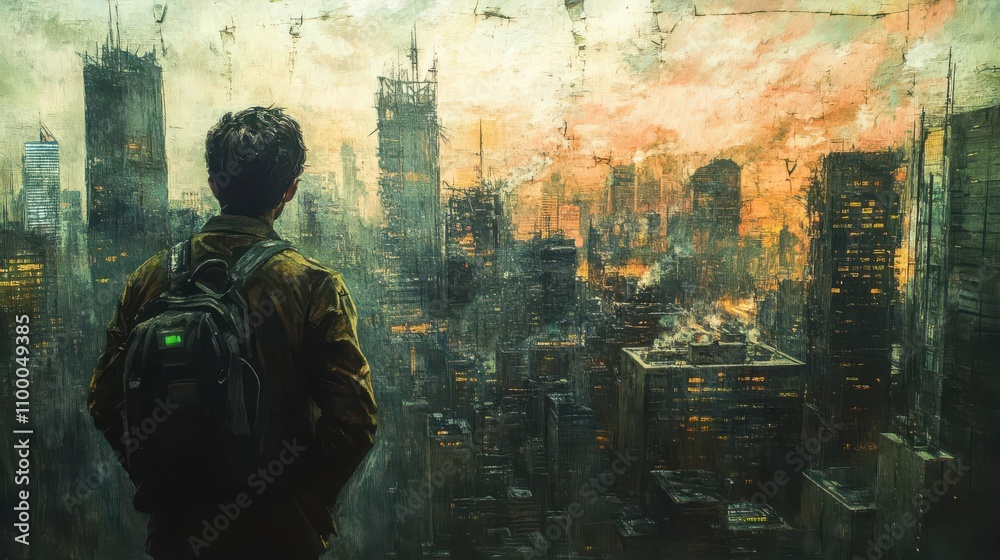 Fototapeta premium Futuristic scientist gazing at apocalyptic cityscape