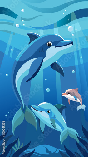 A blue and white dolphin is swimming with two other dolphins in the ocean