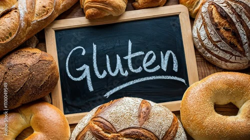 Gluten written on chalkboard surrounded by wheat bread items celiac autommune sensitivity IBS gut SIBO