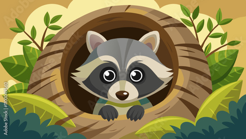 A raccoon is peeking out of a hole in a tree
