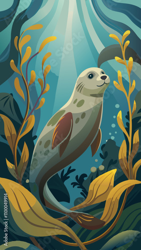 A cartoonish seal is swimming in the ocean with green seaweed around it