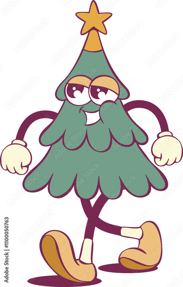 Naklejka premium Retro groovy christmas tree cartoon character