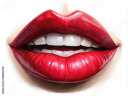 Realistic illustration of smiling female lips on a white background, showcasing soft beauty, natural expression, and exquisite detailâ€”an artistic close-up of feminine charm and perfect smile.