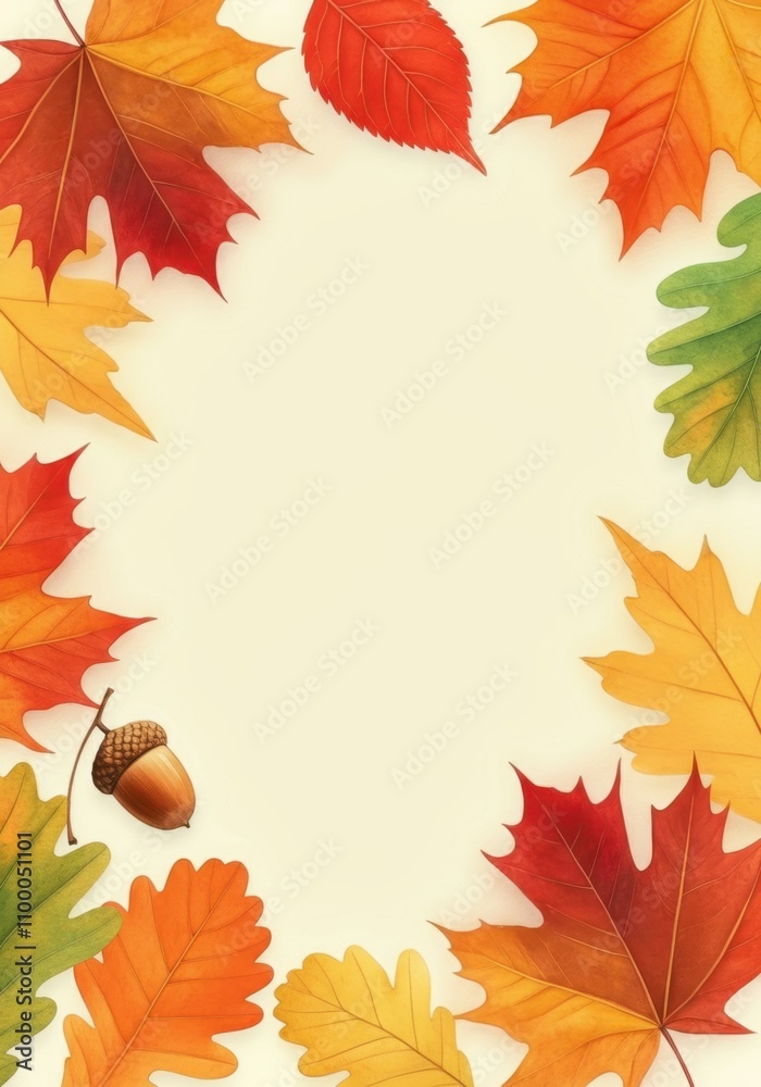 Obraz premium An artistic autumn-themed border featuring various fall leaves such as maple, oak, and others in vibrant shades of red, orange, yellow, and green.