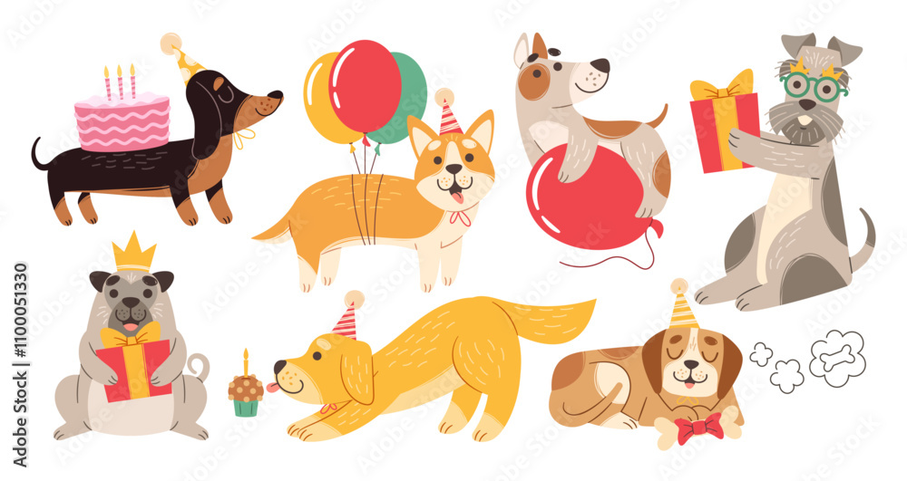 Obraz premium Cute adorable dogs cartoon characters celebrating, congratulating and greeting happy birthday set