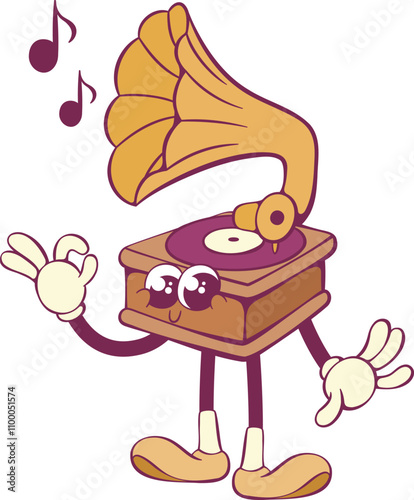 Vintage gramophone groovy cartoon character