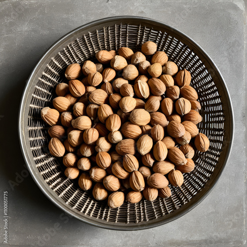 Wicker metal dish full of raw cobnuts