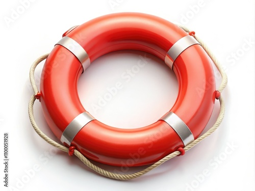 Red life vest ring on white background, essential safety gear for buoyancy, water sports, and rescue operations. Ideal for marine safety, emergency supplies, and beach accessories. photo