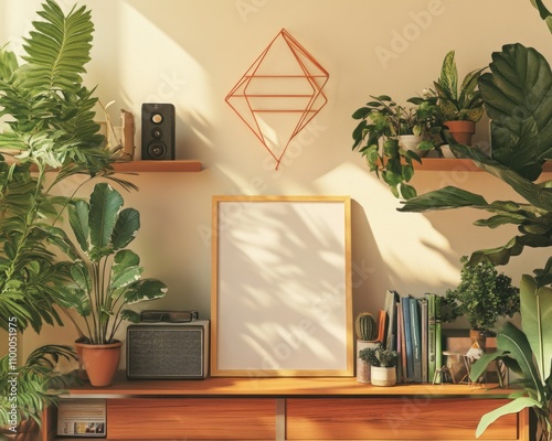 modern living room with blank frame and plants