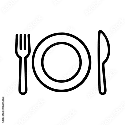 Simple line interface plate and cutlery icon, black and white, on white background