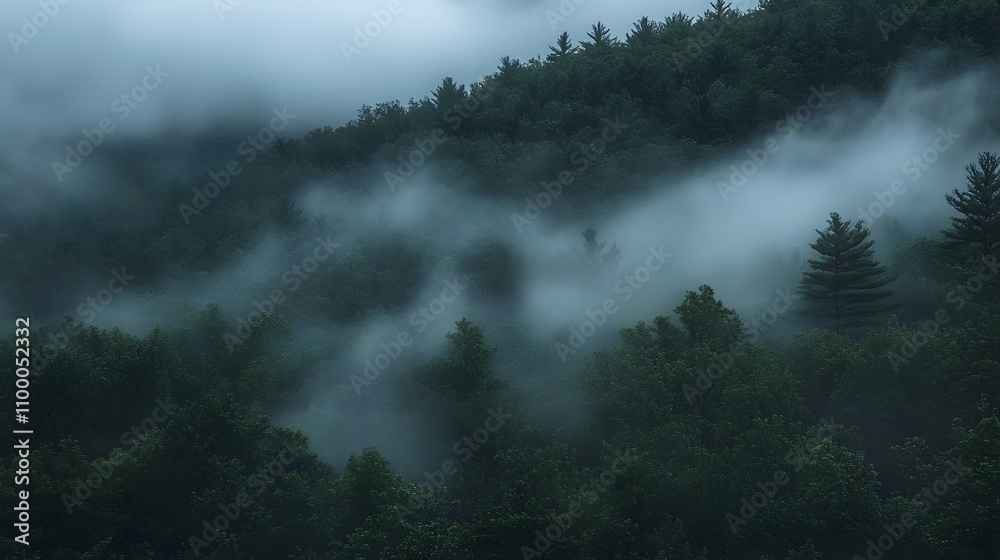 Fototapeta premium A tranquil view of mist rolling over a dense forest hillside, creating a serene and mystical atmosphere in nature. .