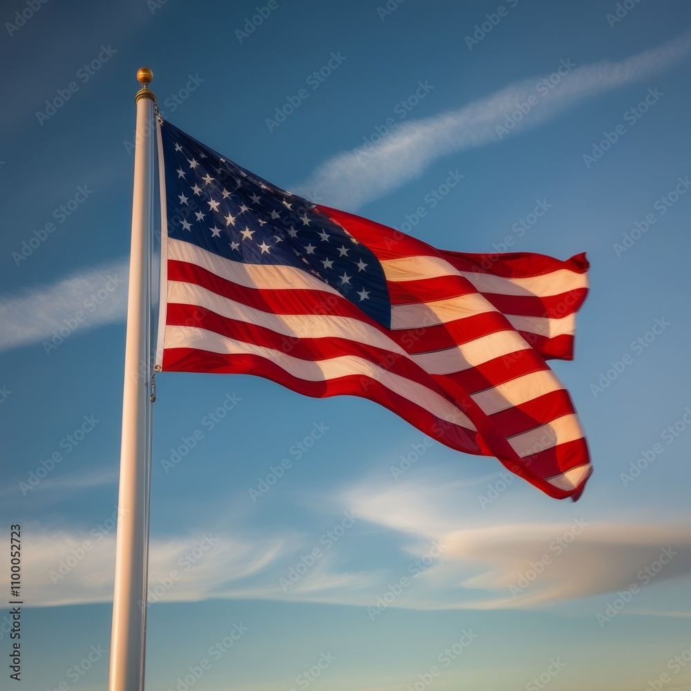 Obraz premium American flag waving against blue sky. US flag waving in the wind for Memorial Day or 4th of July