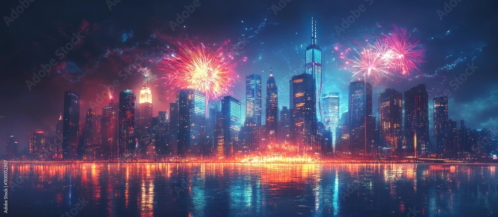 Obraz premium Night cityscape with vibrant fireworks reflecting on water.
