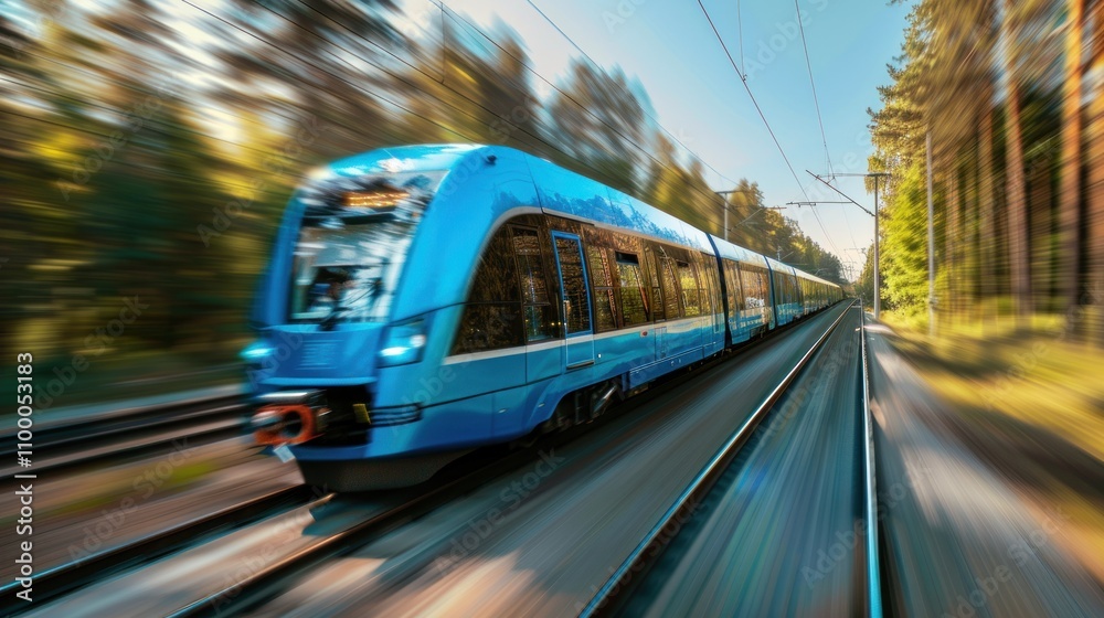 Fototapeta premium photograph of Modern blue hydrogen train driving on railroad tracks,