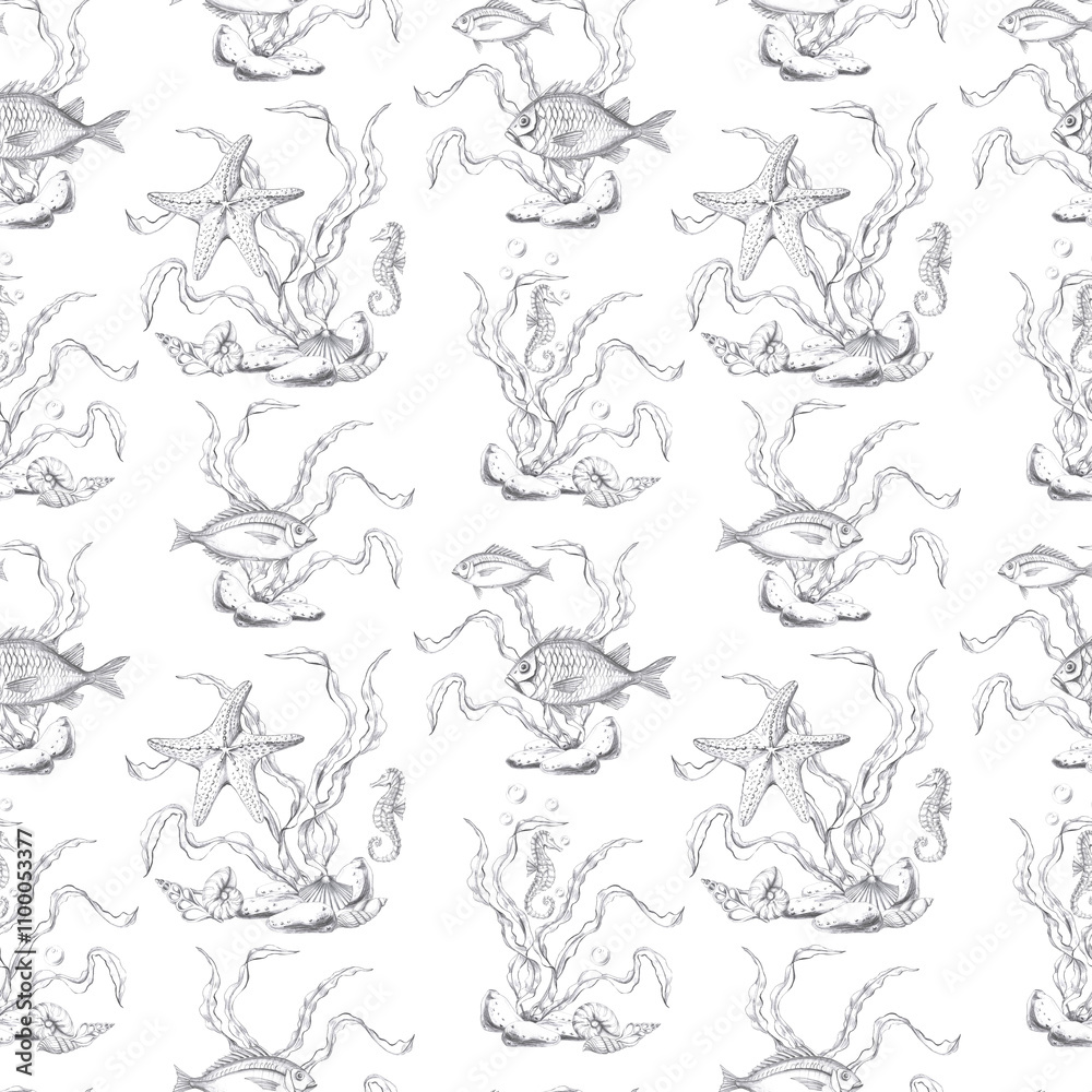 Obraz premium Seamless pattern with fish, seahorses and starfish on white background. Pencil graphic illustration for seafood restaurant design, packaging printing, printing, holiday decoration in marine style
