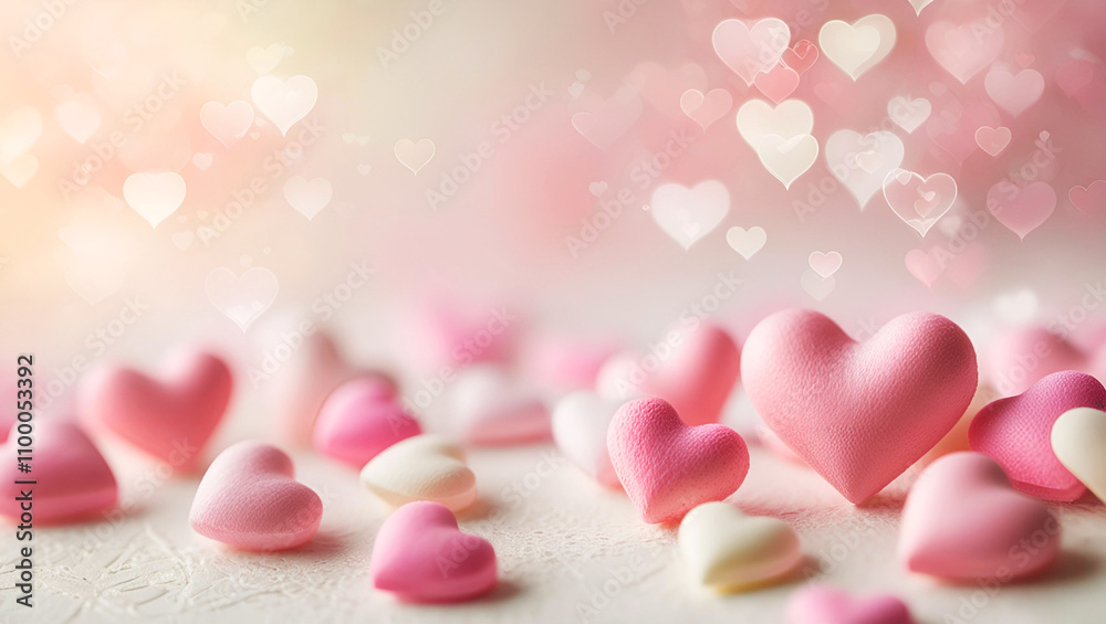 Fototapeta premium Valentine's day background with pink hearts and bokeh. Copy space at the top.
