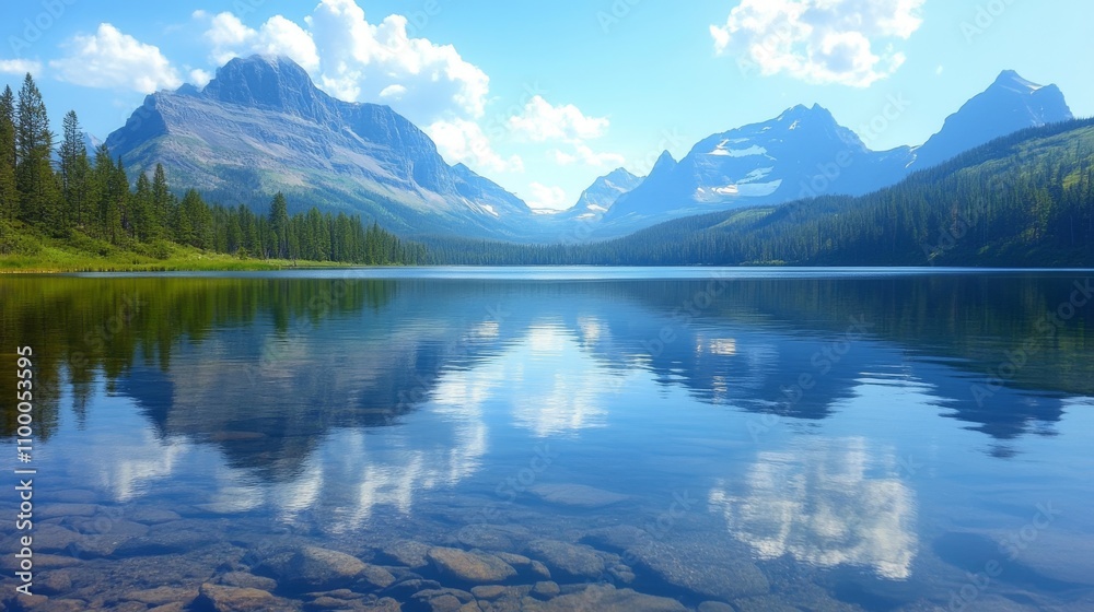 Fototapeta premium Mountain lake reflecting sky and clouds scenic view