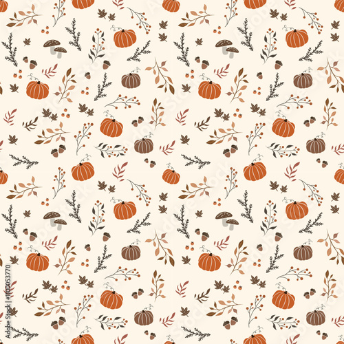 Vector colorful autumn natural seamless pattern with fall leaves, fruits, pumpkins and leafs. Seamless background. November.