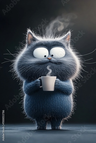 Whimsical Gray Cat in Warm Knitted Clothes Enjoying Coffee Steam