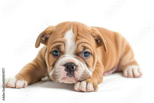 Adorable fawncolored Bulldog puppy lying down on a white background, looking at the camera. photo