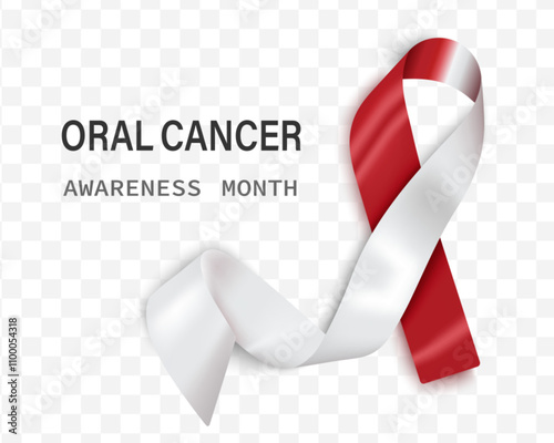 Vector illustration of an oral cancer awareness tape highlighted on a transparent background. Realistic vector red and white silk ribbon with loop