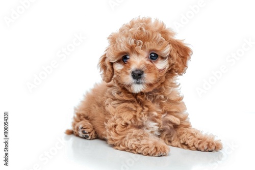 Adorable fluffy apricotcolored Cavoodle puppy lying on a white background. photo