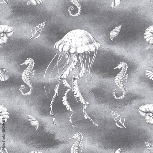 Seamless pattern with jellyfish and seahorse on graphite background. Pencil graphic illustration for seafood restaurant design, packaging printing, printing, holiday decoration in marine style photo