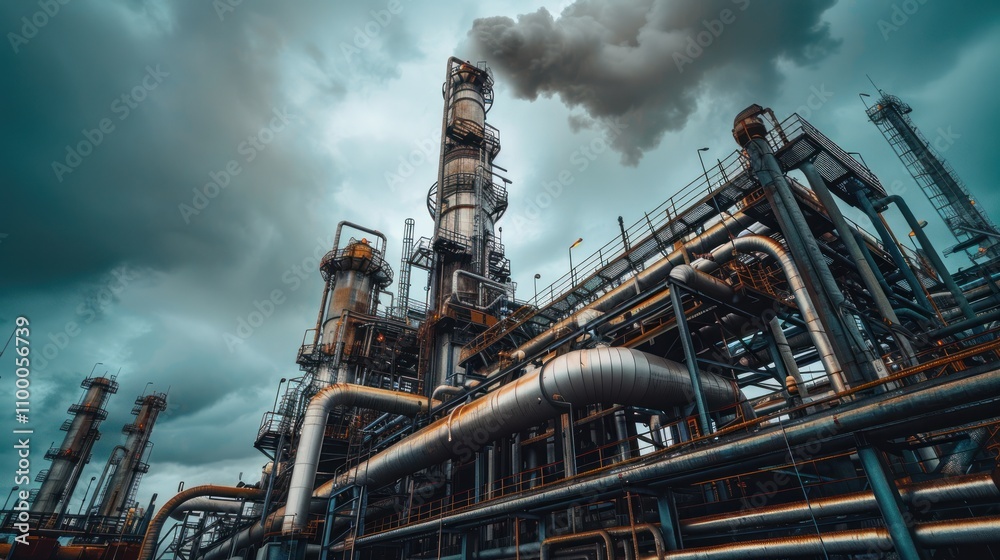 Fototapeta premium photograph of Oil and Gas Industrial refinery zone. The equipment of oil refining, Industrial pipelines of an oil-refinery plant wide angle lens